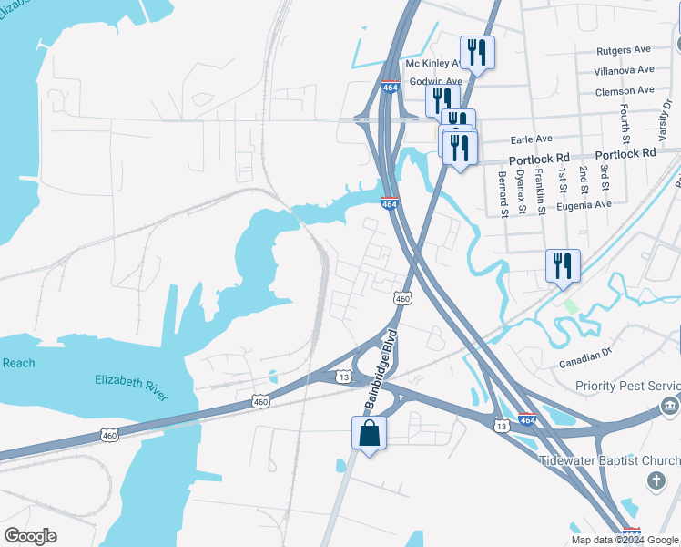 map of restaurants, bars, coffee shops, grocery stores, and more near 4357 Pickney Lane in Chesapeake
