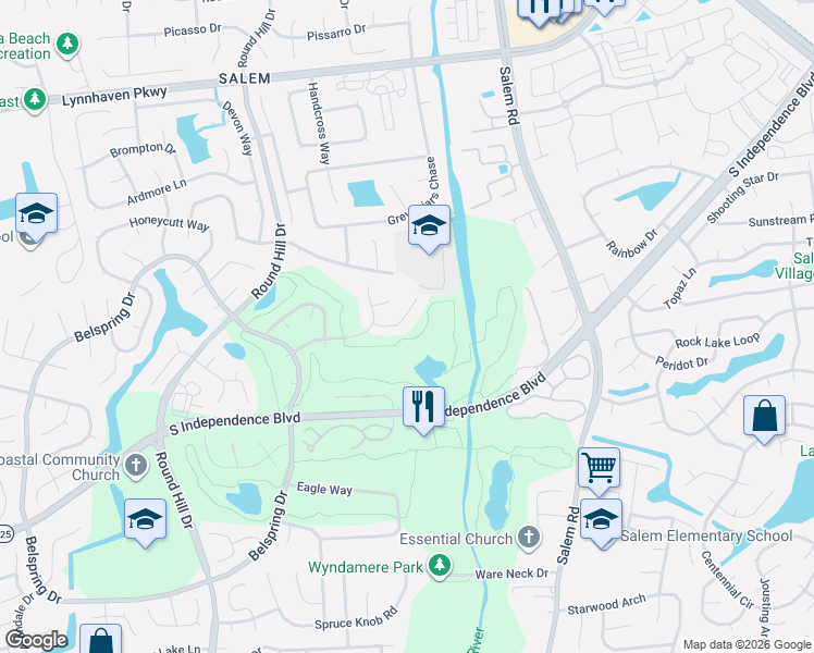 map of restaurants, bars, coffee shops, grocery stores, and more near 833 Whispering Woods Court in Virginia Beach
