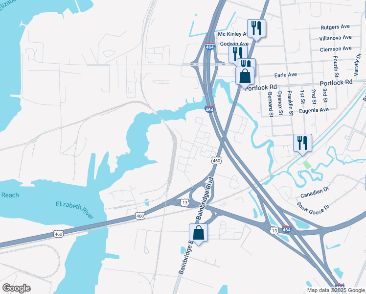 map of restaurants, bars, coffee shops, grocery stores, and more near 4357 Pickney Lane in Chesapeake
