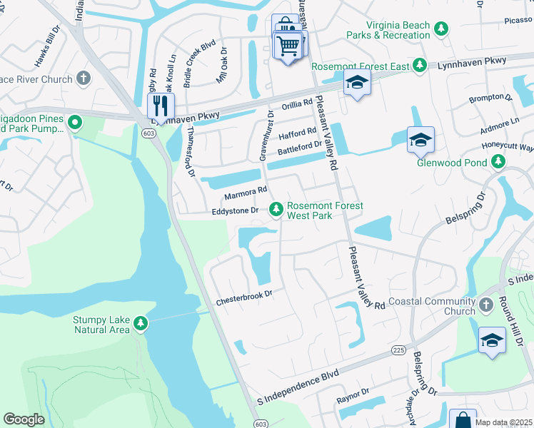 map of restaurants, bars, coffee shops, grocery stores, and more near 1420 Dighton Court in Virginia Beach