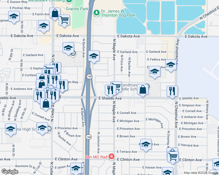 map of restaurants, bars, coffee shops, grocery stores, and more near 3313 North Maple Avenue in Fresno