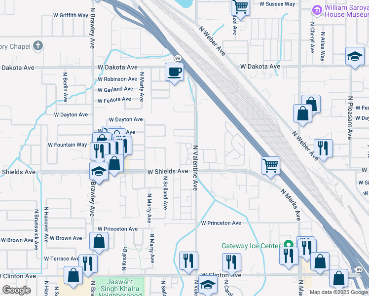 map of restaurants, bars, coffee shops, grocery stores, and more near 3457 West Cortland Avenue in Fresno