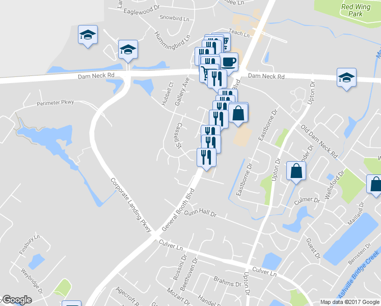map of restaurants, bars, coffee shops, grocery stores, and more near 1705 Gallery Avenue in Virginia Beach