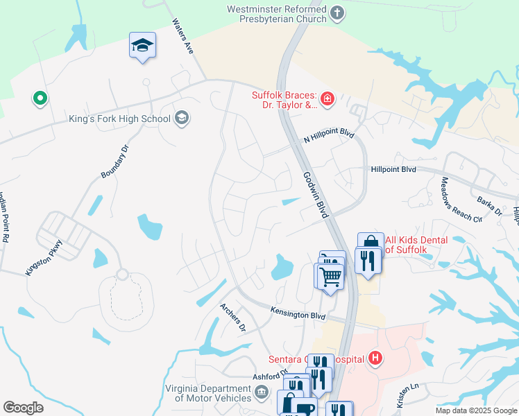 map of restaurants, bars, coffee shops, grocery stores, and more near 129 Squire Reach in Suffolk