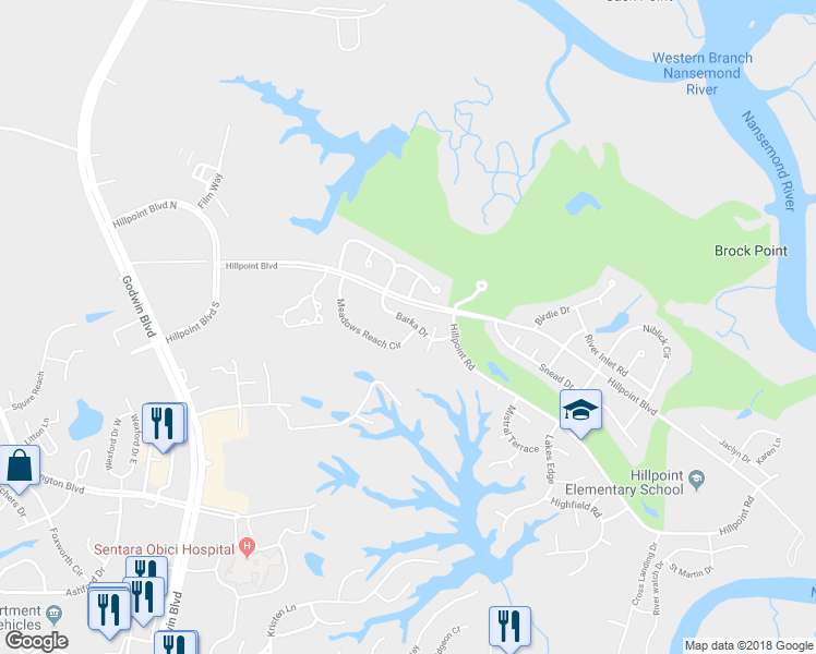 map of restaurants, bars, coffee shops, grocery stores, and more near 1041 Meadows Reach Circle in Suffolk