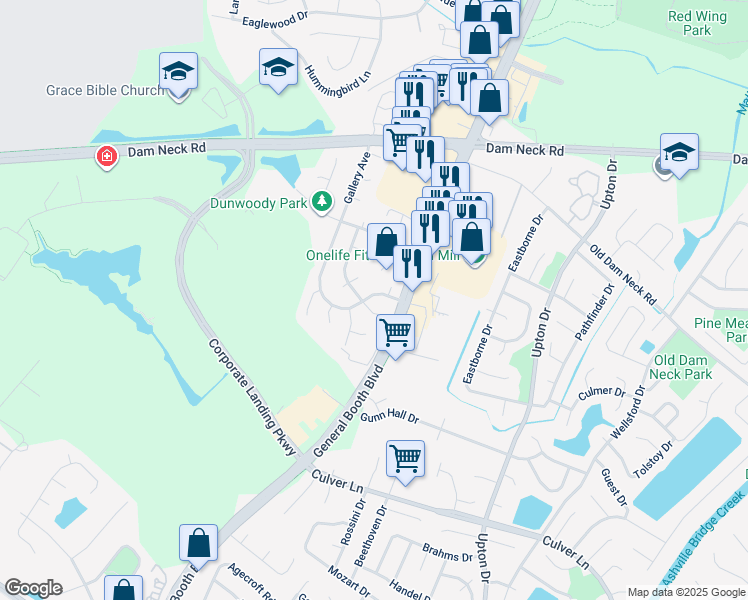 map of restaurants, bars, coffee shops, grocery stores, and more near 1705 Gallery Avenue in Virginia Beach