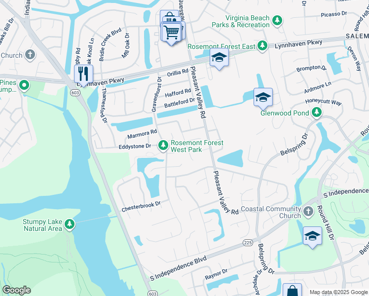 map of restaurants, bars, coffee shops, grocery stores, and more near 1225 Graylyn Road in Virginia Beach