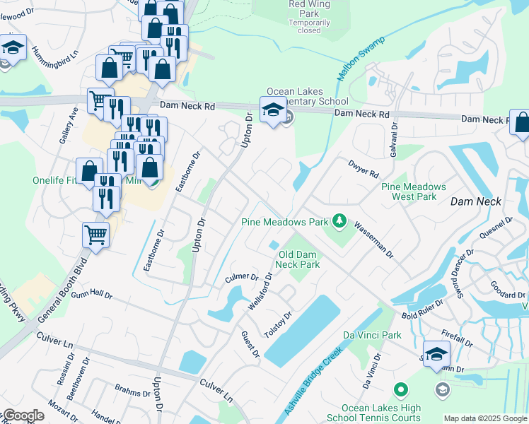 map of restaurants, bars, coffee shops, grocery stores, and more near 1105 Gauguin Drive in Virginia Beach