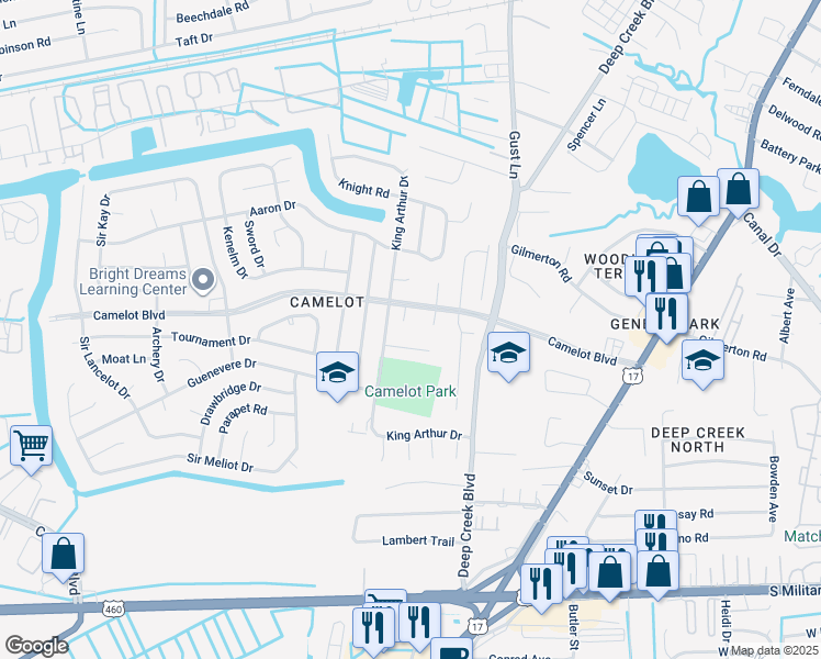 map of restaurants, bars, coffee shops, grocery stores, and more near 1005 Roundtable Court in Chesapeake