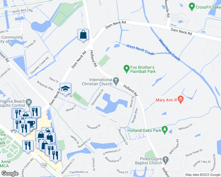 map of restaurants, bars, coffee shops, grocery stores, and more near 3060 Glastonbury Drive in Virginia Beach