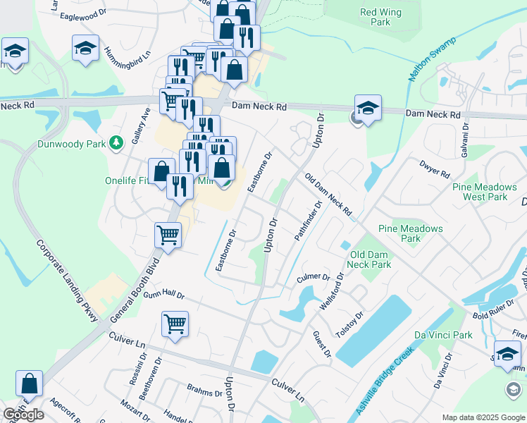 map of restaurants, bars, coffee shops, grocery stores, and more near 1178 Broadlawn Road in Virginia Beach