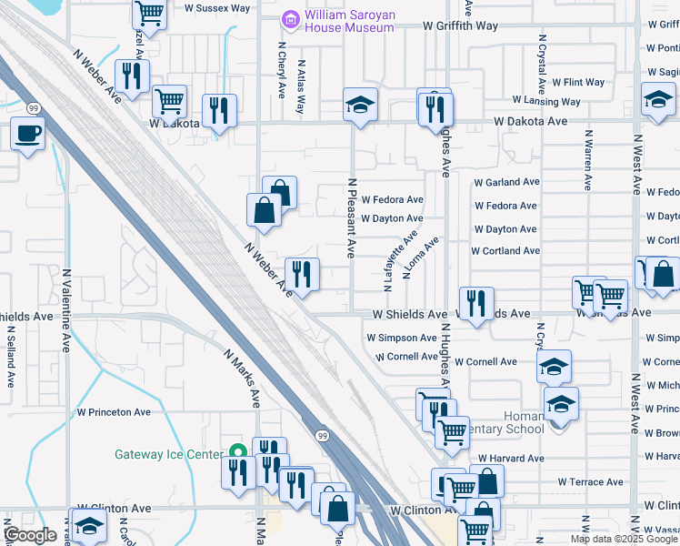 map of restaurants, bars, coffee shops, grocery stores, and more near 2530 West Fountain Way in Fresno