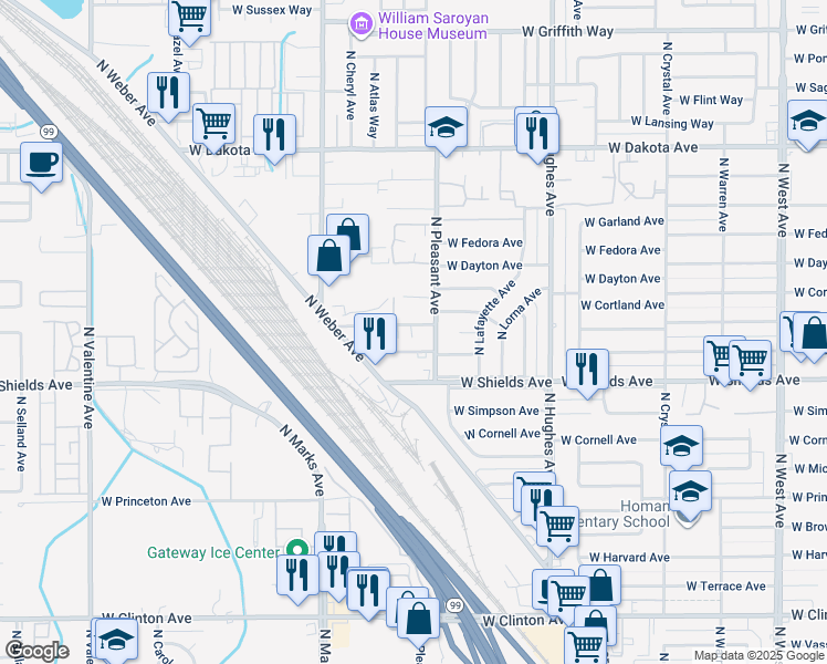 map of restaurants, bars, coffee shops, grocery stores, and more near 2530 West Fountain Way in Fresno