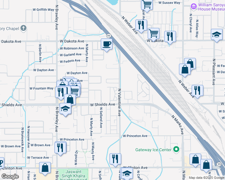 map of restaurants, bars, coffee shops, grocery stores, and more near 3457 West Cortland Avenue in Fresno