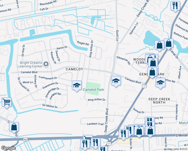 map of restaurants, bars, coffee shops, grocery stores, and more near 1007 Roundtable Court in Chesapeake