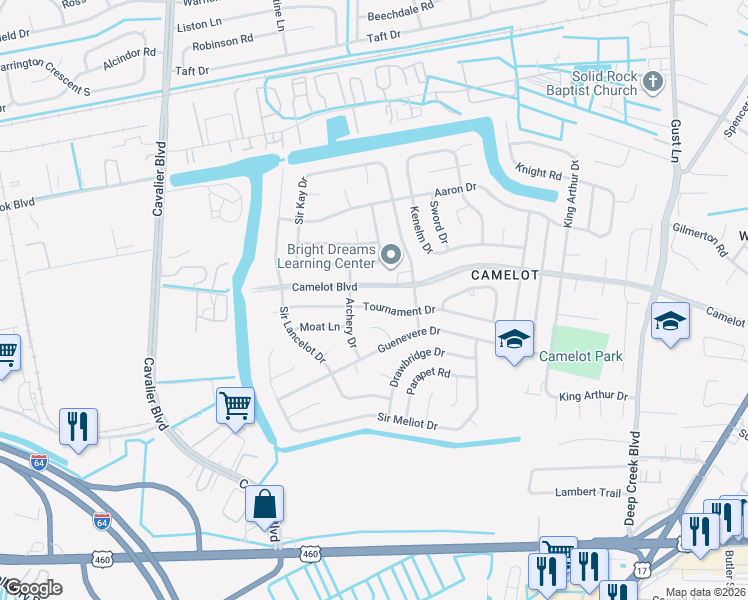 map of restaurants, bars, coffee shops, grocery stores, and more near 3112 Camelot Boulevard in Chesapeake