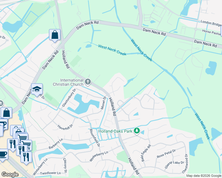 map of restaurants, bars, coffee shops, grocery stores, and more near 1853 Laurel Oak Lane in Virginia Beach