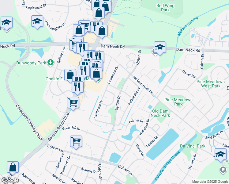 map of restaurants, bars, coffee shops, grocery stores, and more near 1178 Broadlawn Road in Virginia Beach