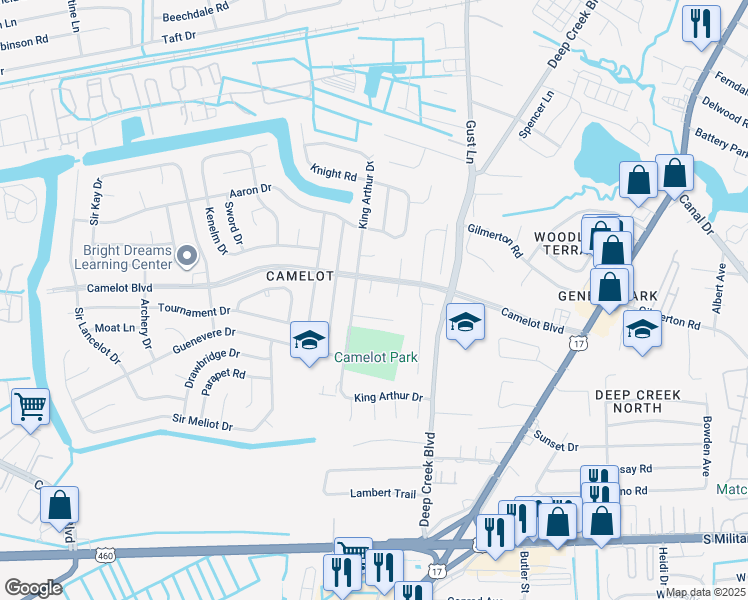 map of restaurants, bars, coffee shops, grocery stores, and more near 1005 Roundtable Court in Chesapeake