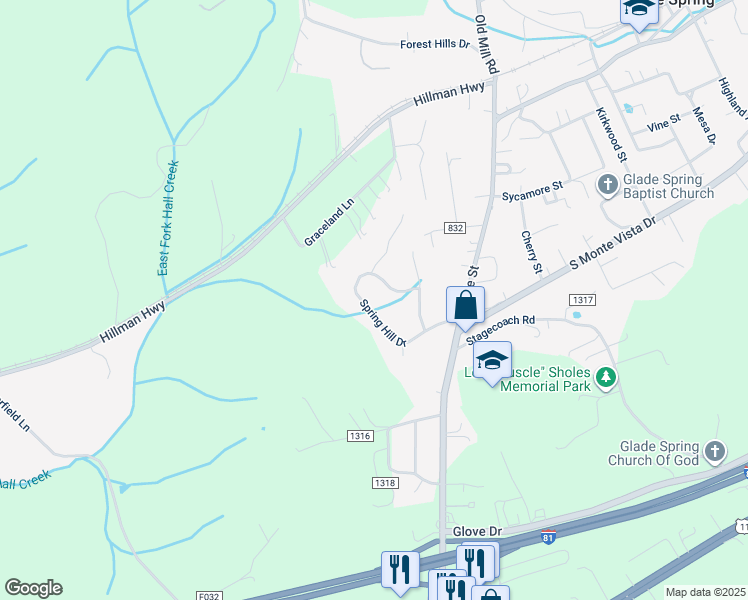 map of restaurants, bars, coffee shops, grocery stores, and more near 33545 Spring Hill Drive in Glade Spring