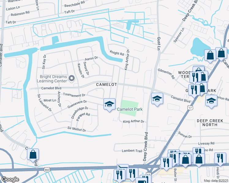 map of restaurants, bars, coffee shops, grocery stores, and more near 1028 Sir Gawaine Drive in Chesapeake