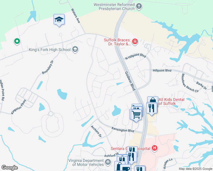 map of restaurants, bars, coffee shops, grocery stores, and more near 129 Squire Reach in Suffolk