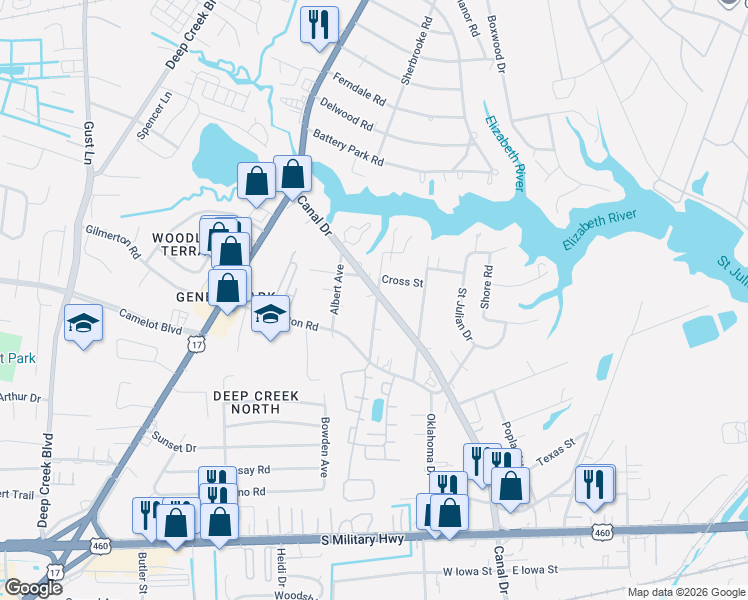 map of restaurants, bars, coffee shops, grocery stores, and more near 1037 Geneva Avenue in Chesapeake