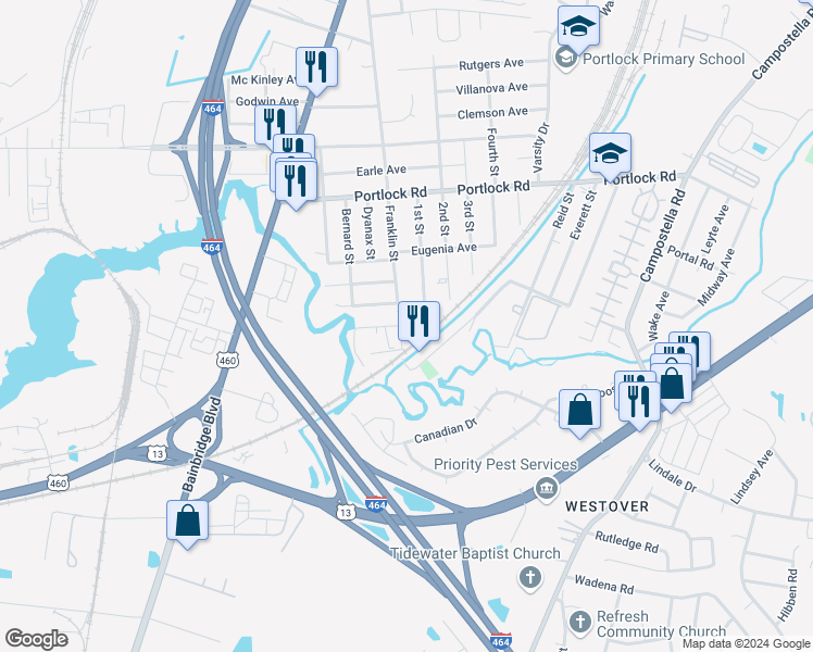 map of restaurants, bars, coffee shops, grocery stores, and more near 4207 Franklin Street in Chesapeake