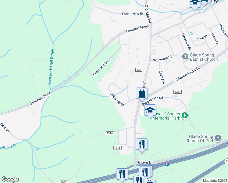 map of restaurants, bars, coffee shops, grocery stores, and more near 33545 Spring Hill Drive in Glade Spring