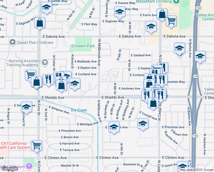 map of restaurants, bars, coffee shops, grocery stores, and more near 3404 North Millbrook Avenue in Fresno