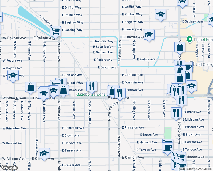 map of restaurants, bars, coffee shops, grocery stores, and more near 711 East Fountain Way in Fresno