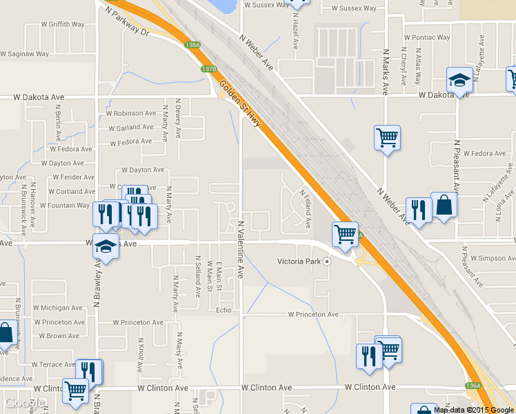 map of restaurants, bars, coffee shops, grocery stores, and more near 3114 North Valentine Avenue in Fresno