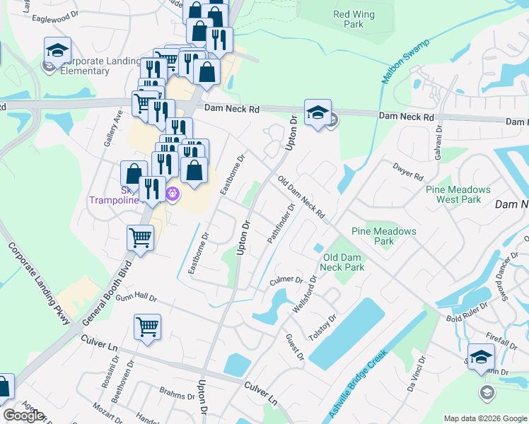 map of restaurants, bars, coffee shops, grocery stores, and more near 1704 Woodcliff Circle in Virginia Beach