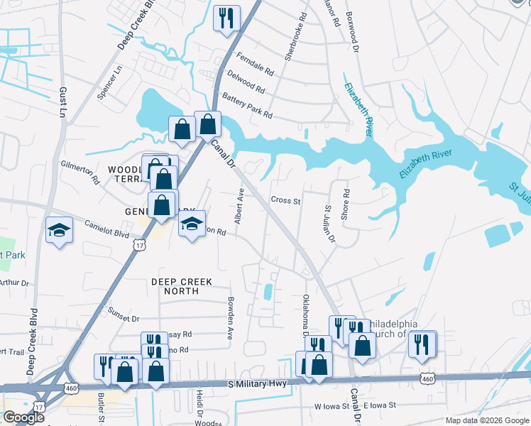 map of restaurants, bars, coffee shops, grocery stores, and more near 1037 Geneva Avenue in Chesapeake