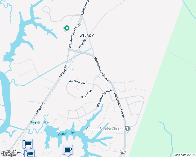 map of restaurants, bars, coffee shops, grocery stores, and more near 103 Ryan Arch in Suffolk