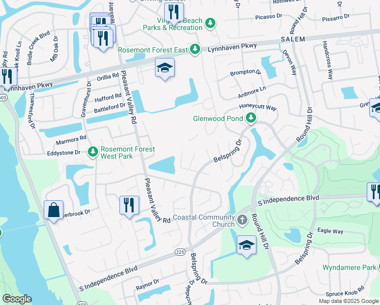 map of restaurants, bars, coffee shops, grocery stores, and more near 1900 Ripplemead Drive in Virginia Beach