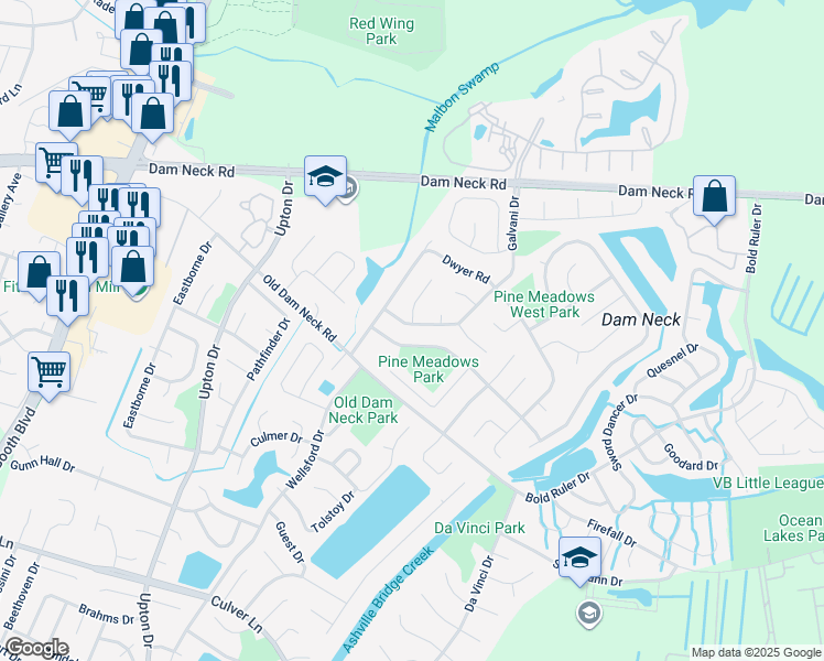 map of restaurants, bars, coffee shops, grocery stores, and more near 1581 Galvani Drive in Virginia Beach