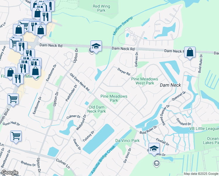 map of restaurants, bars, coffee shops, grocery stores, and more near 1581 Galvani Drive in Virginia Beach