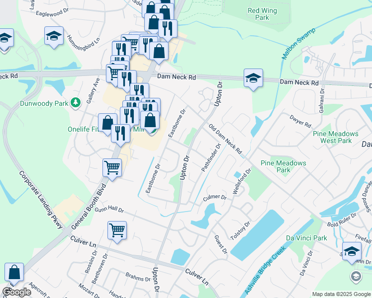 map of restaurants, bars, coffee shops, grocery stores, and more near 1133 Crossway Road in Virginia Beach