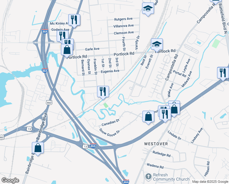 map of restaurants, bars, coffee shops, grocery stores, and more near 1047 Railroad Avenue in Chesapeake