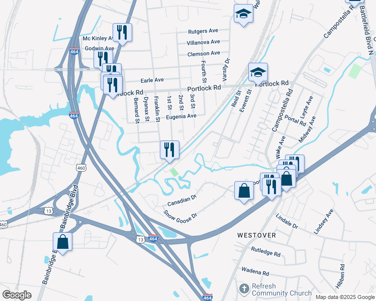 map of restaurants, bars, coffee shops, grocery stores, and more near 1047 Railroad Avenue in Chesapeake