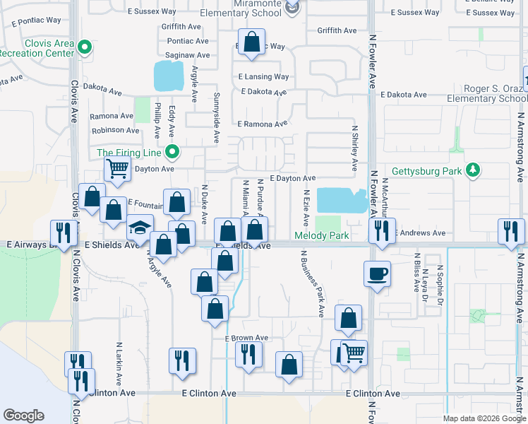 map of restaurants, bars, coffee shops, grocery stores, and more near 3418 North Fordham Avenue in Fresno