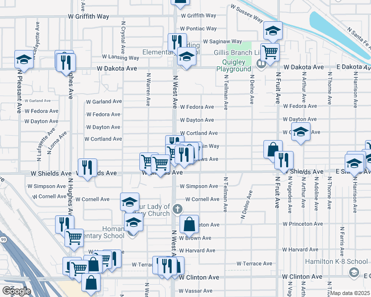 map of restaurants, bars, coffee shops, grocery stores, and more near 1209 West Fountain Way in Fresno
