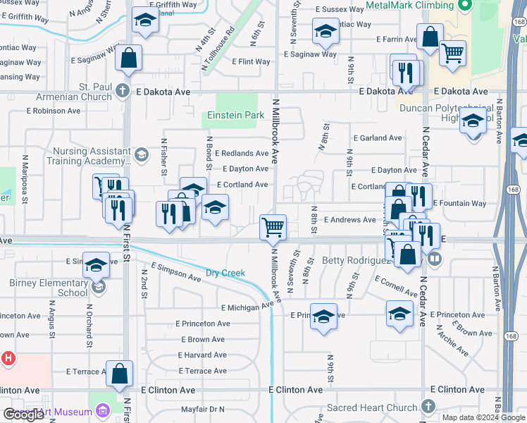 map of restaurants, bars, coffee shops, grocery stores, and more near 3404 North 6th Street in Fresno