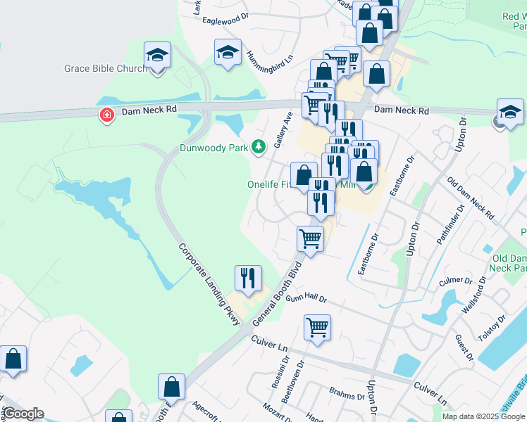 map of restaurants, bars, coffee shops, grocery stores, and more near 1104 Cassell Court in Virginia Beach
