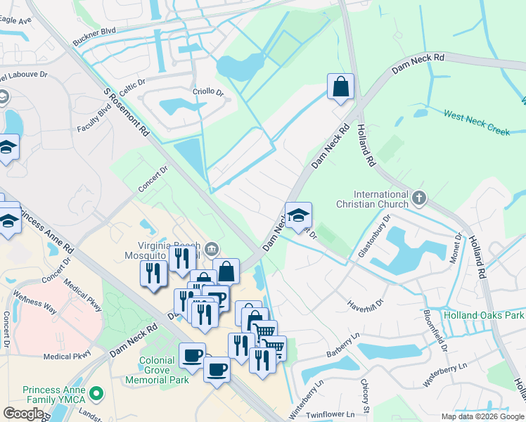 map of restaurants, bars, coffee shops, grocery stores, and more near 1745 Eleni Court in Virginia Beach