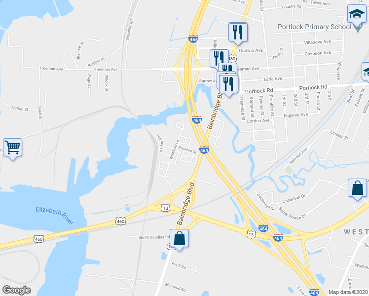 map of restaurants, bars, coffee shops, grocery stores, and more near 604 Reunion Street in Chesapeake