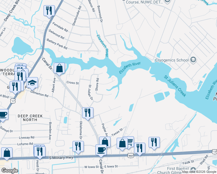map of restaurants, bars, coffee shops, grocery stores, and more near 2000 Athens Court in Chesapeake