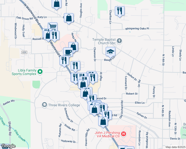 map of restaurants, bars, coffee shops, grocery stores, and more near 2300 Channon Drive in Poplar Bluff