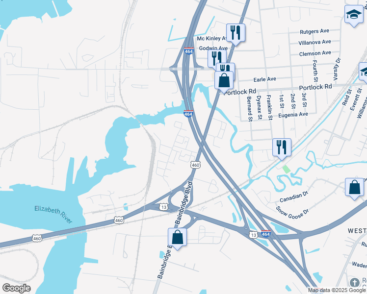 map of restaurants, bars, coffee shops, grocery stores, and more near Yager Court in Chesapeake